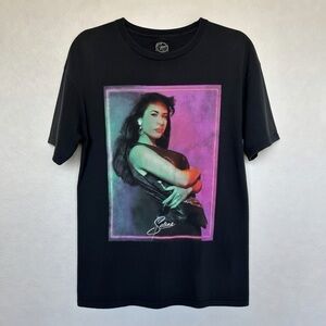 Black Short-Sleeve Graphic Tee with Pink & Teal Portrait size L